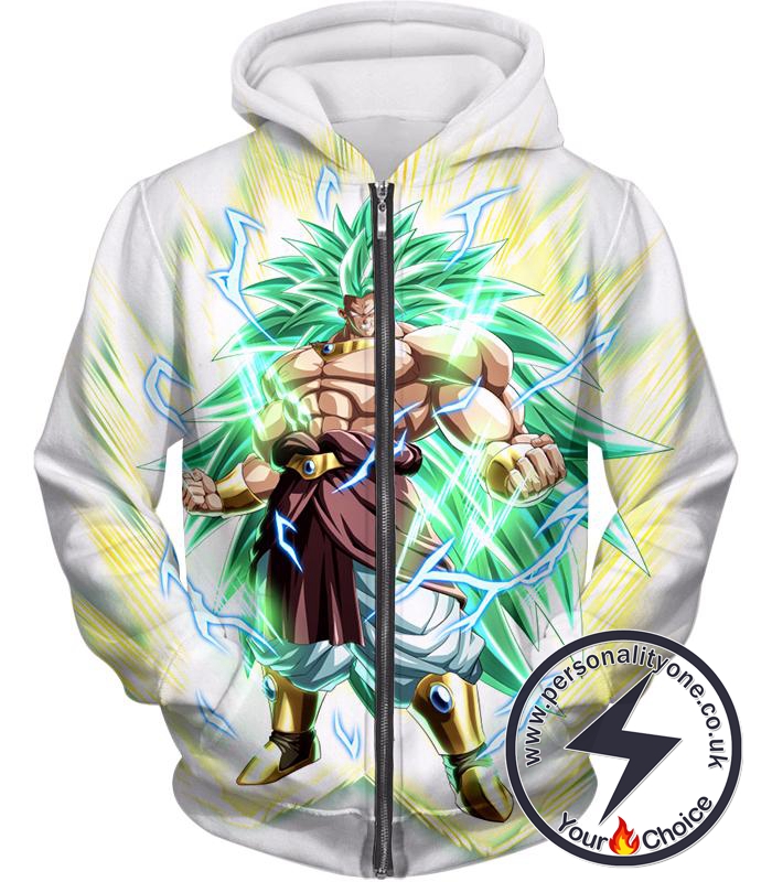 Dragon Ball Super Rising Power Legendary Super Saiyan 3 Broly Cool Action White Zip Up Hoodie